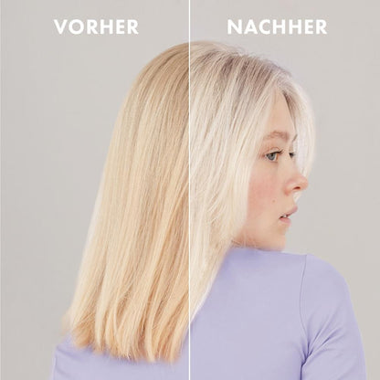 Vorher-Nachher Vergleich mit PUR HAIR No Yellow Shampoo: links blondes Haar mit Gelbstich, rechts kühles, silbrig-blondes Haar nach der Anwendung