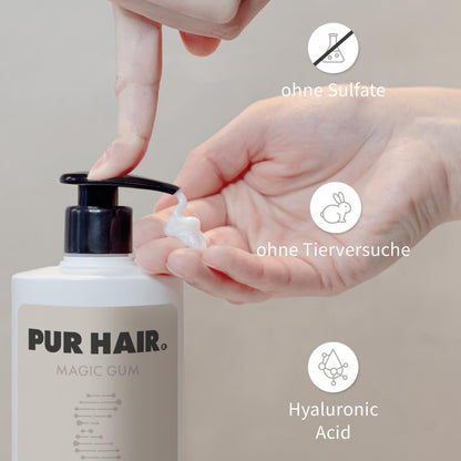 Finger pumpt weißes Magic Gum Mask aus der Flasche in die Handfläche, daneben Symbole: ohne Sulfate, ohne Tierversuche, mit Hyaluronsäure