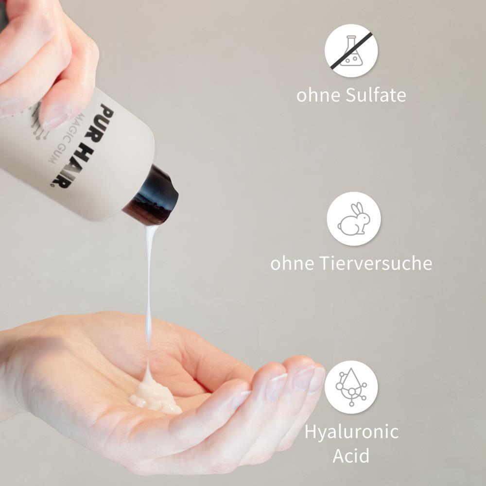 Hand drückt weißes Magic Gum Mask aus der Flasche in die Handfläche, daneben Symbole: ohne Sulfate, ohne Tierversuche, mit Hyaluronsäure